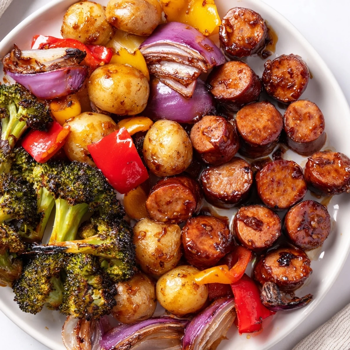 One pan honey garlic kielbasa veggies with caramelized broccoli and glossy sweet-savory glaze fresh from the oven