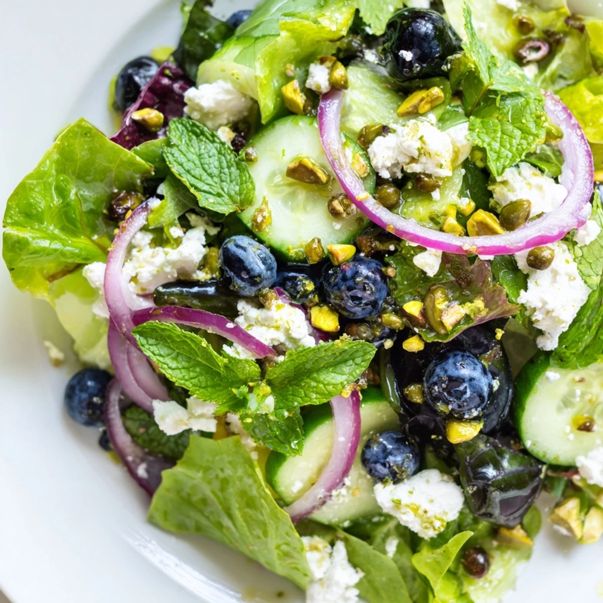 Blueberry Pistachio Spring Salad topped with crumbled feta and glossy lemon-honey vinaigrette drizzle