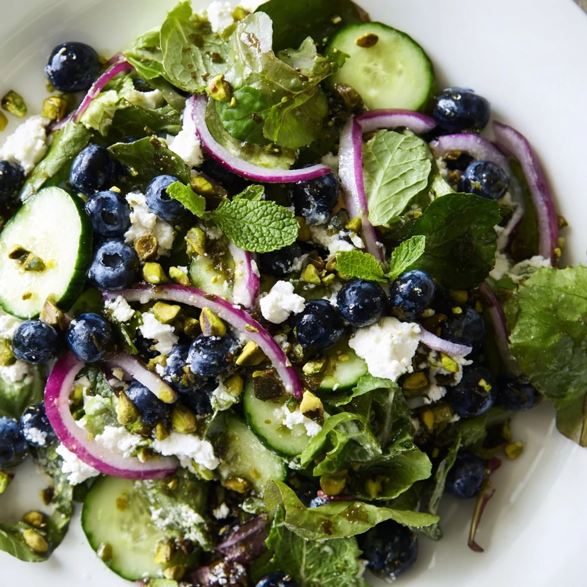 Fresh Blueberry Pistachio Spring Salad with crisp cucumber slices and mint on leafy greens