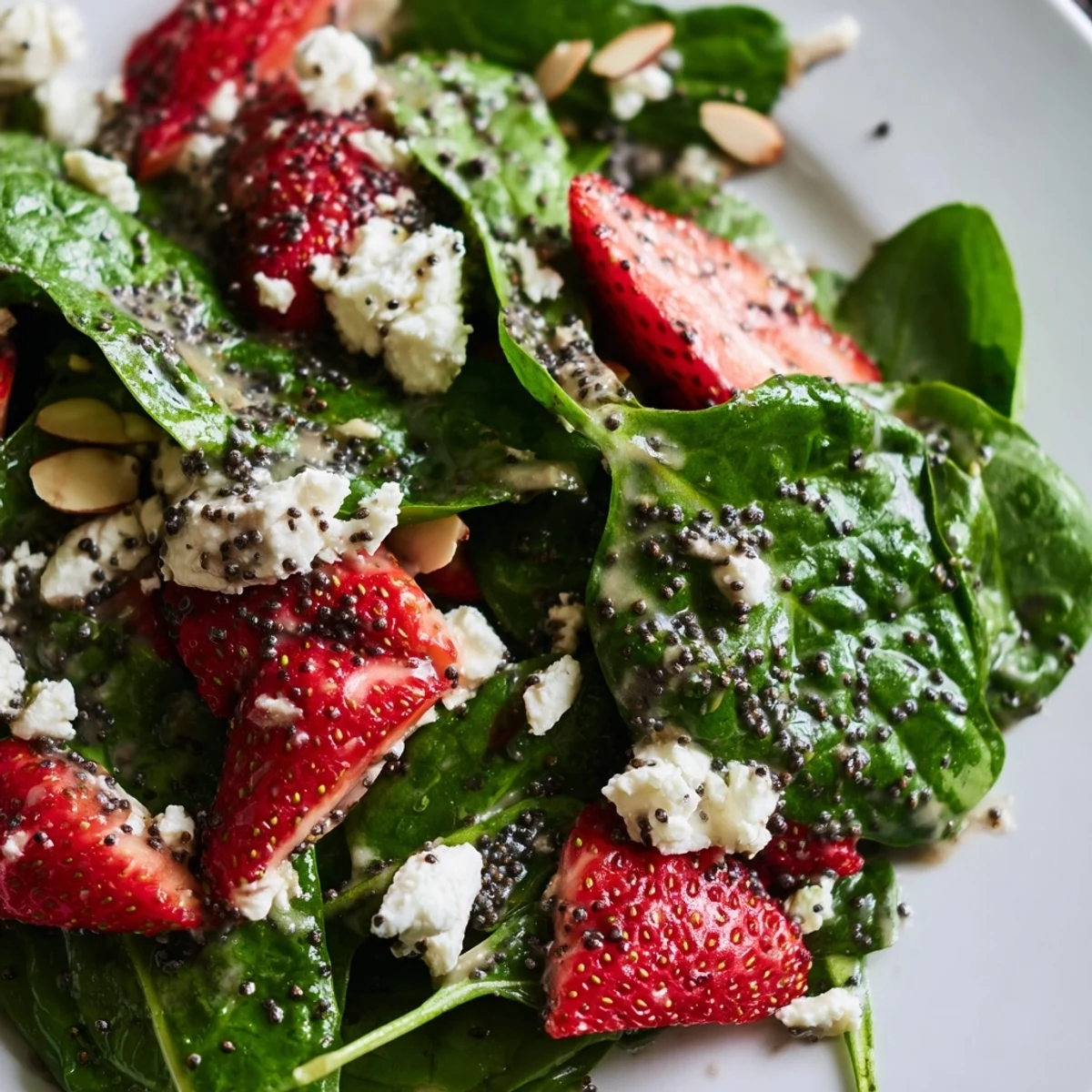 Fresh strawberry spinach salad with glossy balsamic poppy seed dressing drizzled on top