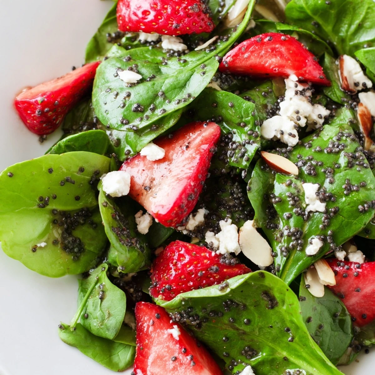 Vibrant strawberry spinach salad topped with crumbled feta cheese and toasted sliced almonds