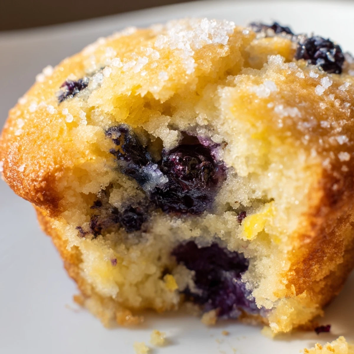 Golden lemon blueberry muffins with bursting berries and sparkling sugar topping fresh from oven