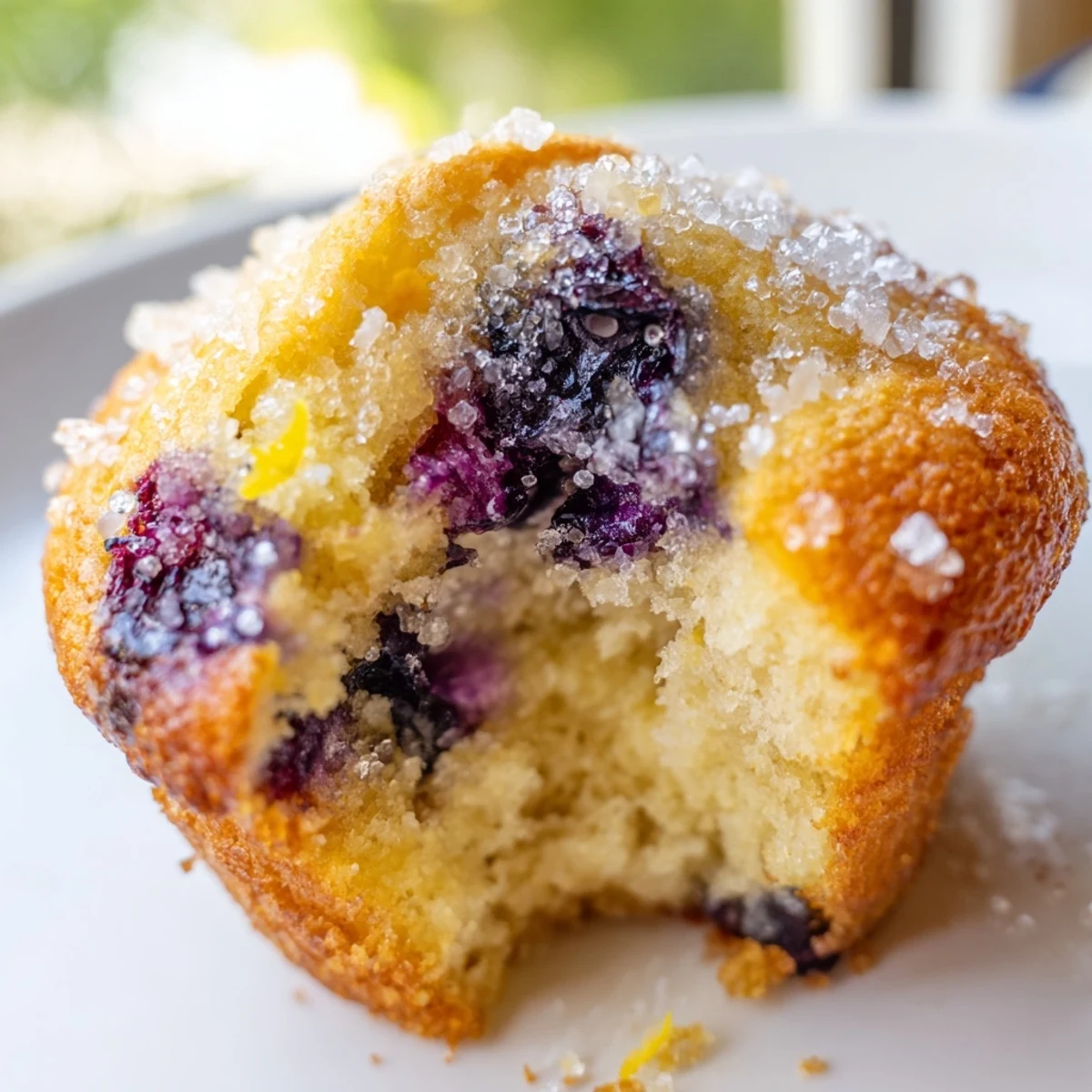 Tender lemon blueberry muffins studded with juicy berries on rustic white serving plate