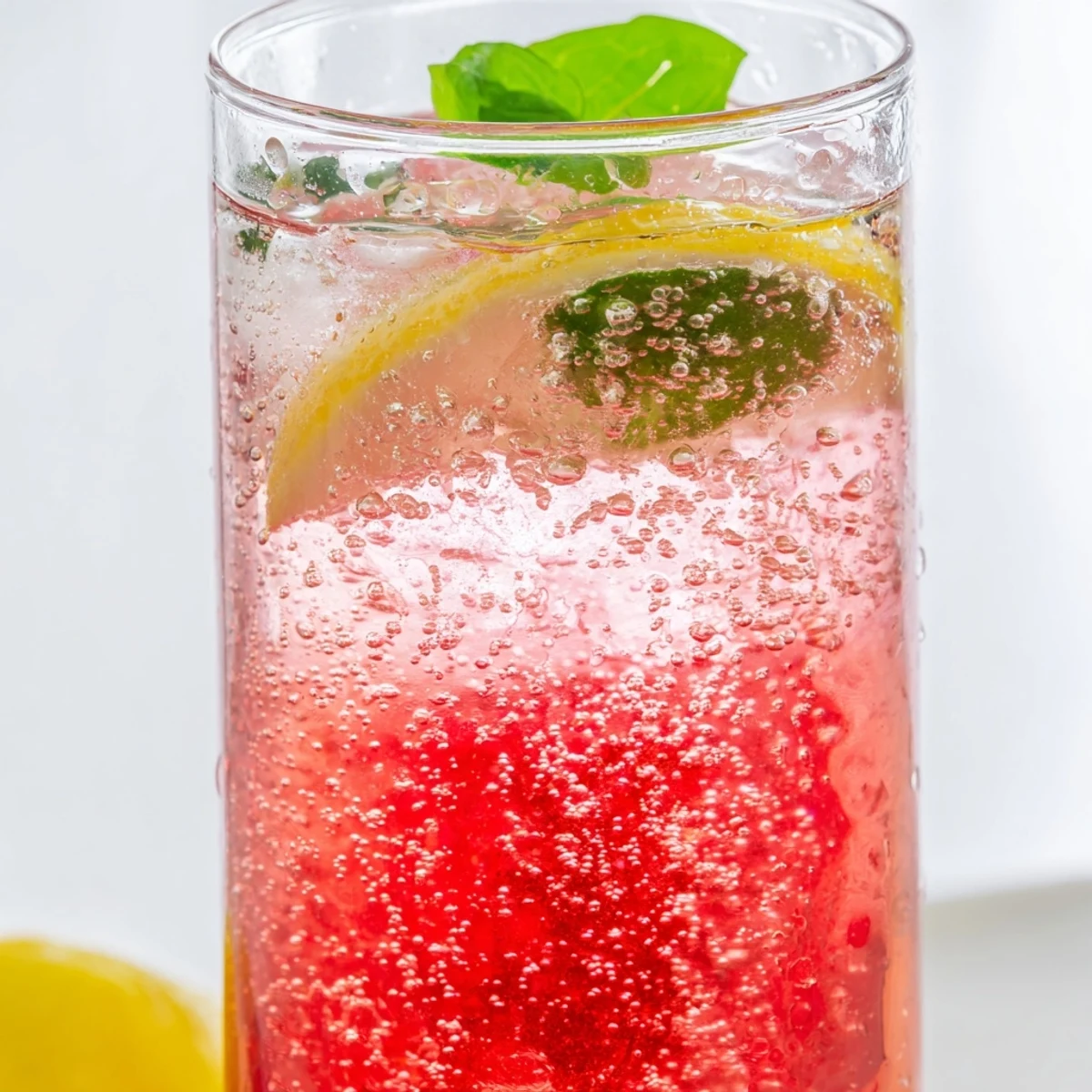 Refreshing Honey Lemon Pink Soda in a glass with ice, mint, and lemon slice garnish