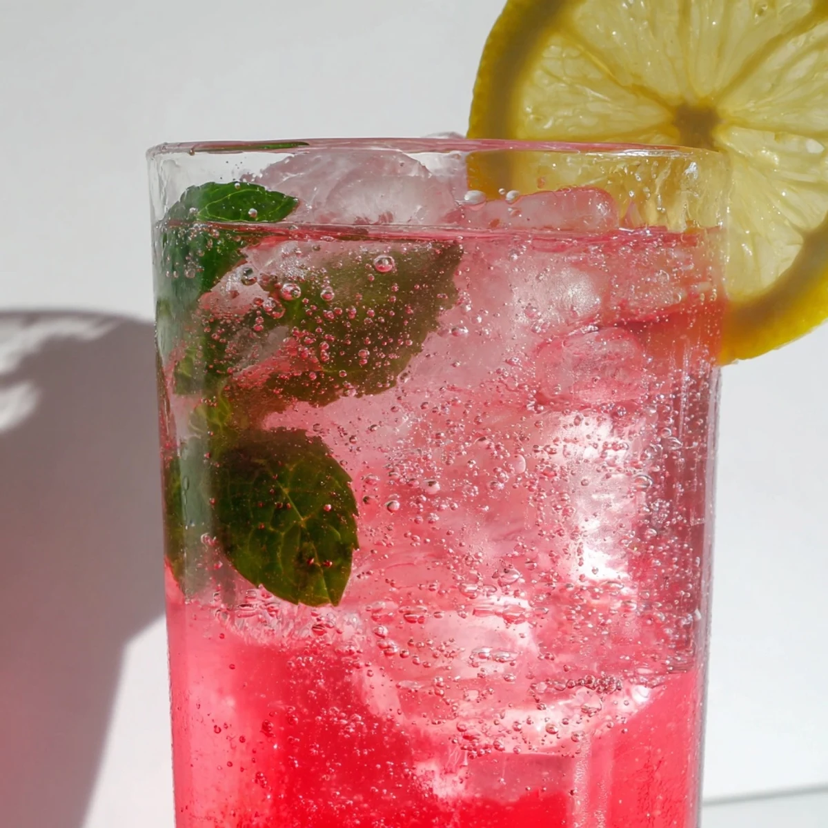 Sparkling pink honey lemon soda fizzing in tall glasses topped with fresh mint leaves