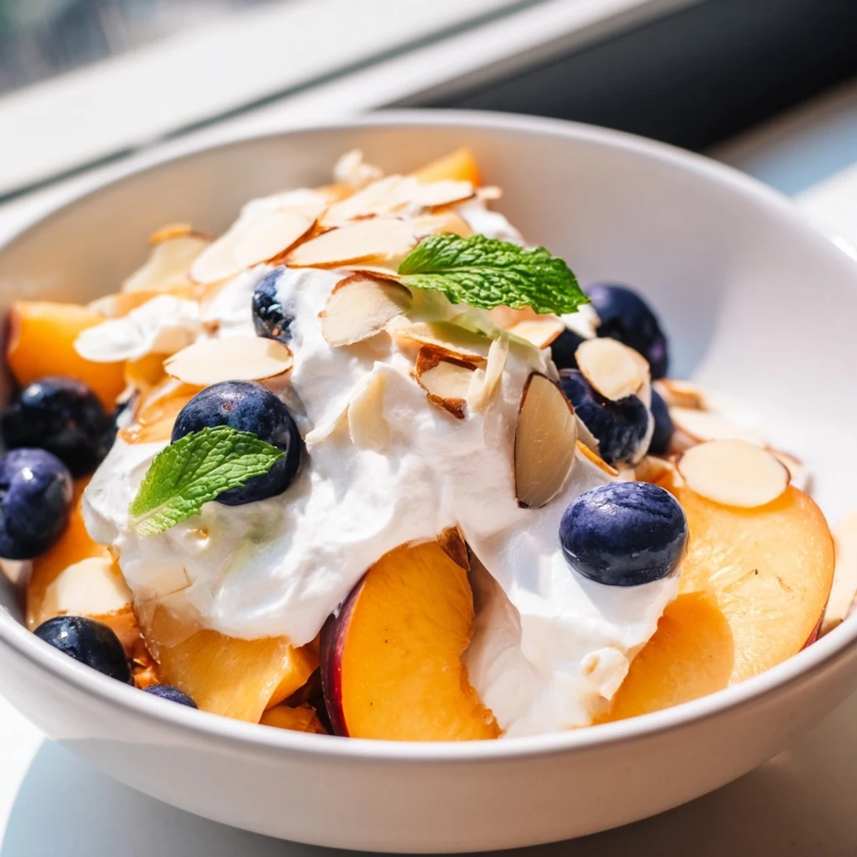 Creamy peaches and cream salad topped with fresh mint and sliced almonds in a glass bowl