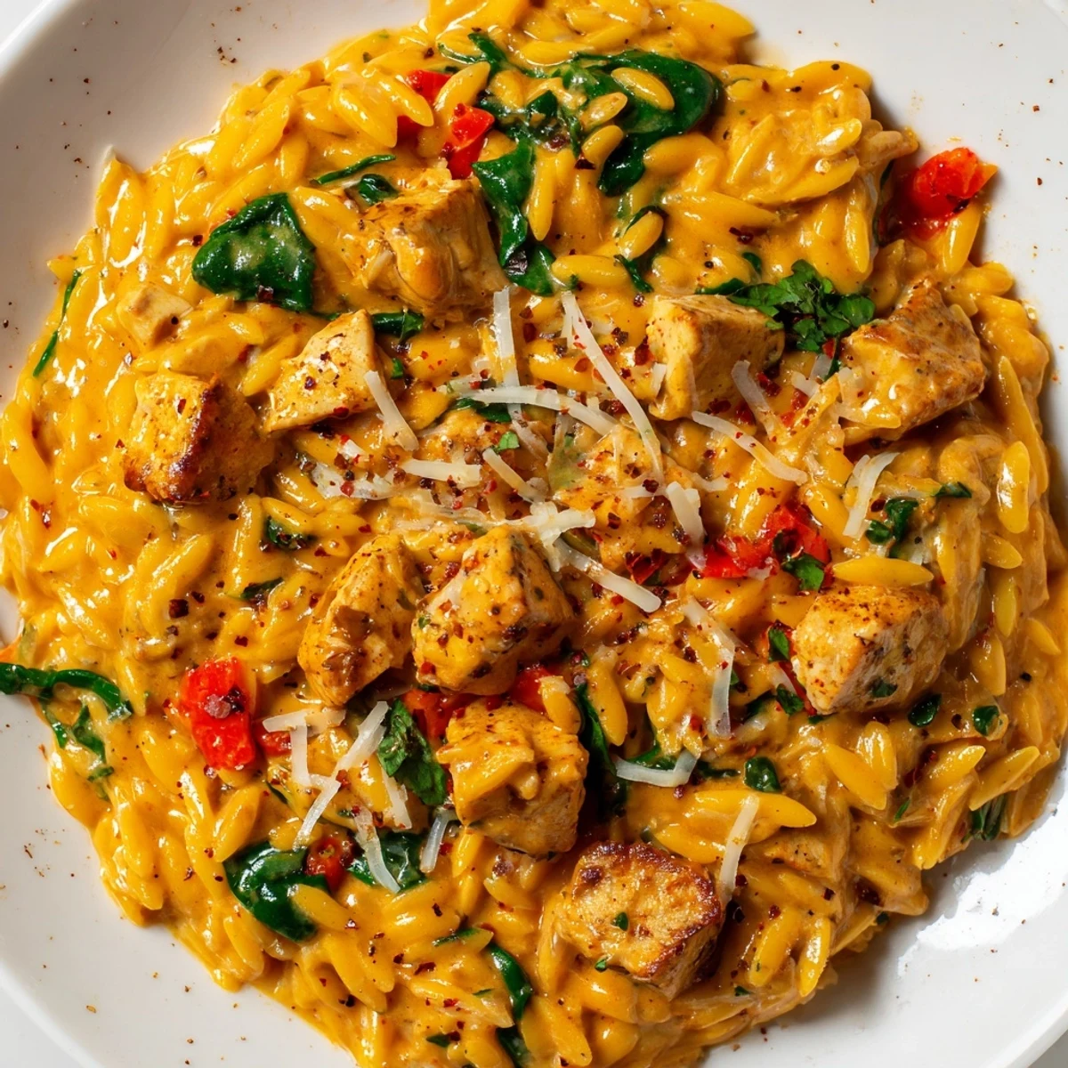 Creamy One Pot Cajun Chicken Alfredo Orzo in a cast iron skillet with fresh parsley garnish