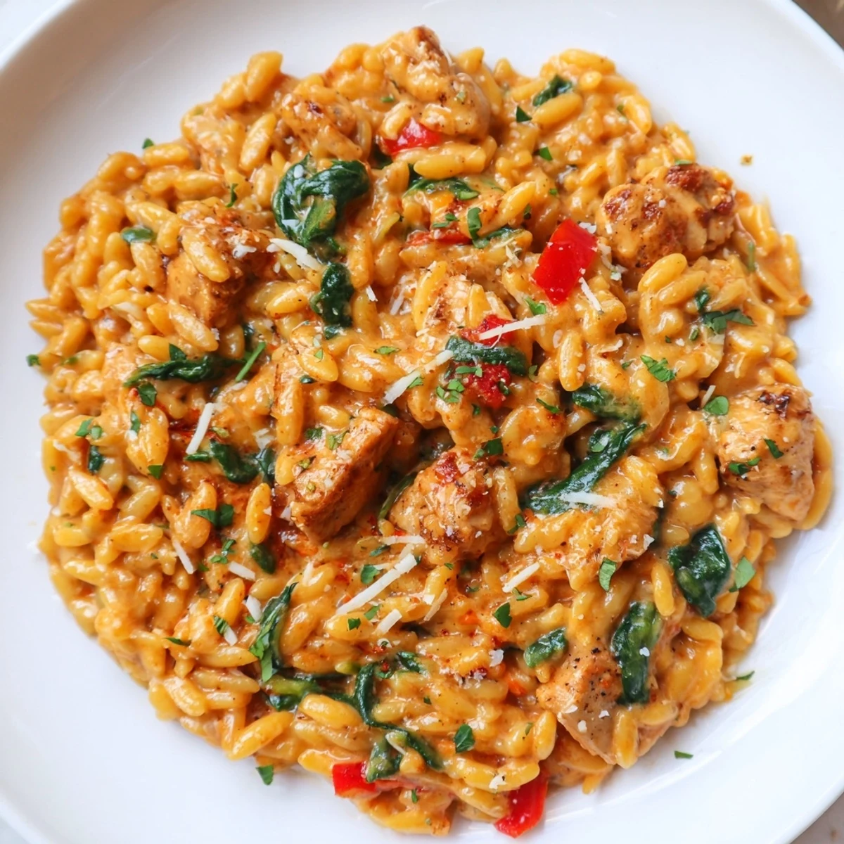 Steaming bowl of One Pot Cajun Chicken Alfredo Orzo with tender meat and velvety sauce