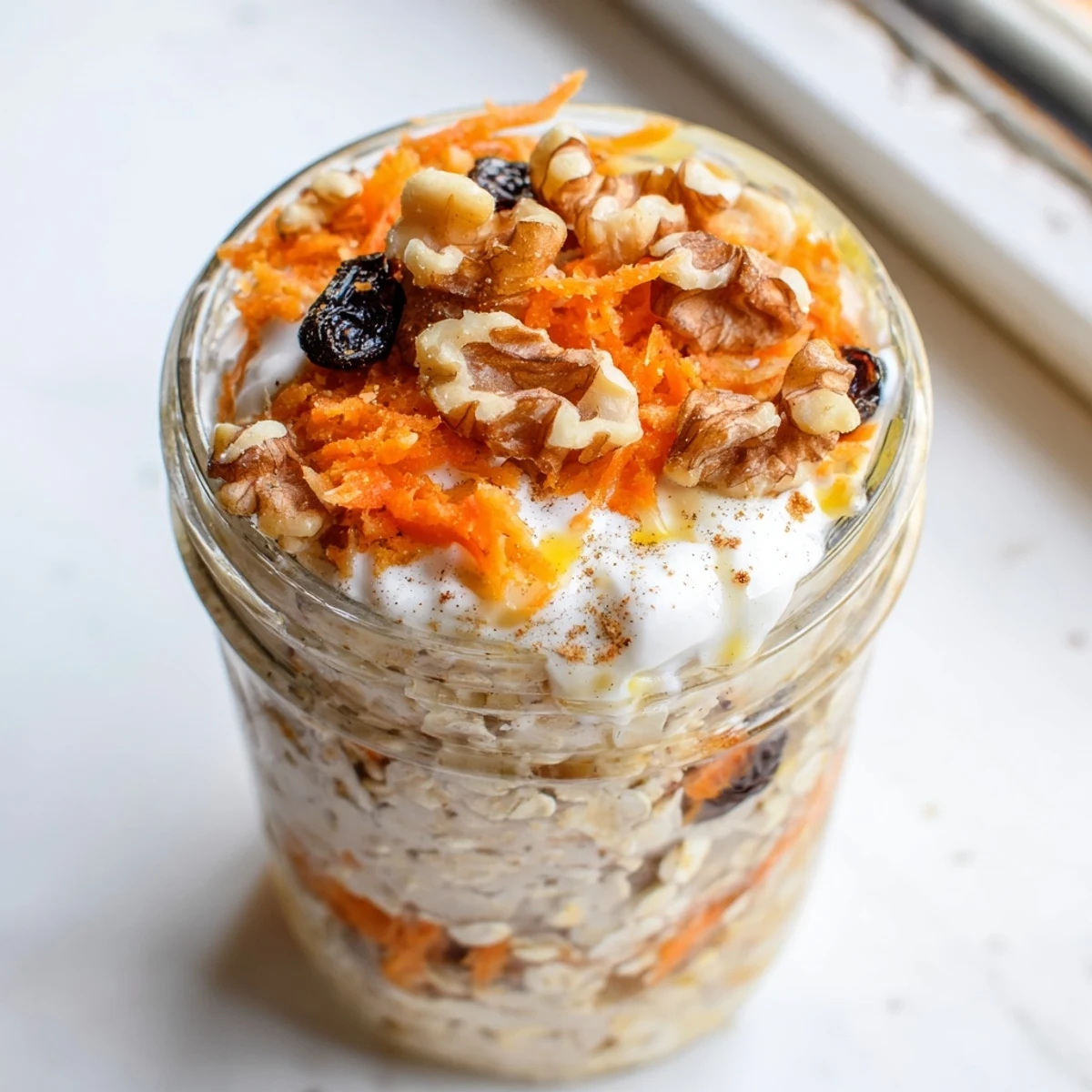 Creamy carrot cake overnight oats topped with walnuts and a golden raisin sprinkle