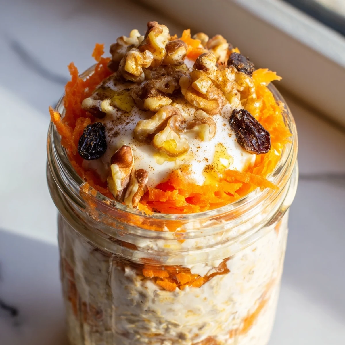 Layered carrot cake overnight oats with grated carrots, pecans, and a maple drizzle