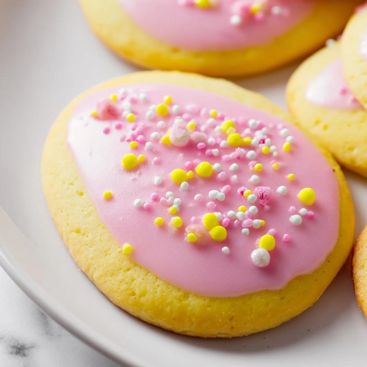 Spring Easter cookies decorated with soft pastel icing arranged on a rustic white serving board