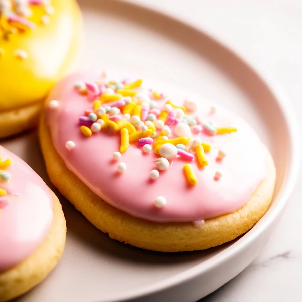 Colorful Spring Easter cookies in bunny and egg shapes topped with decorative pastel sprinkles