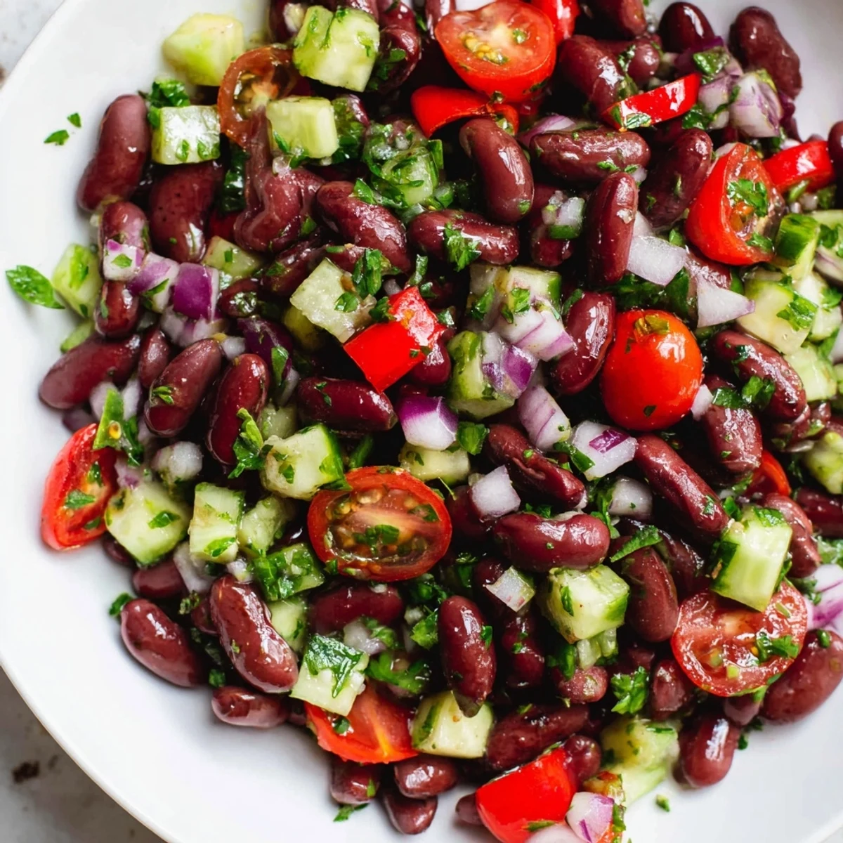Colorful kidney bean salad tossed with crisp vegetables in a tangy vinaigrette dressing