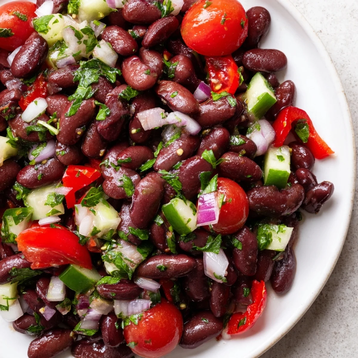 Bright kidney bean salad topped with diced bell pepper, cucumber, and cherry tomatoes