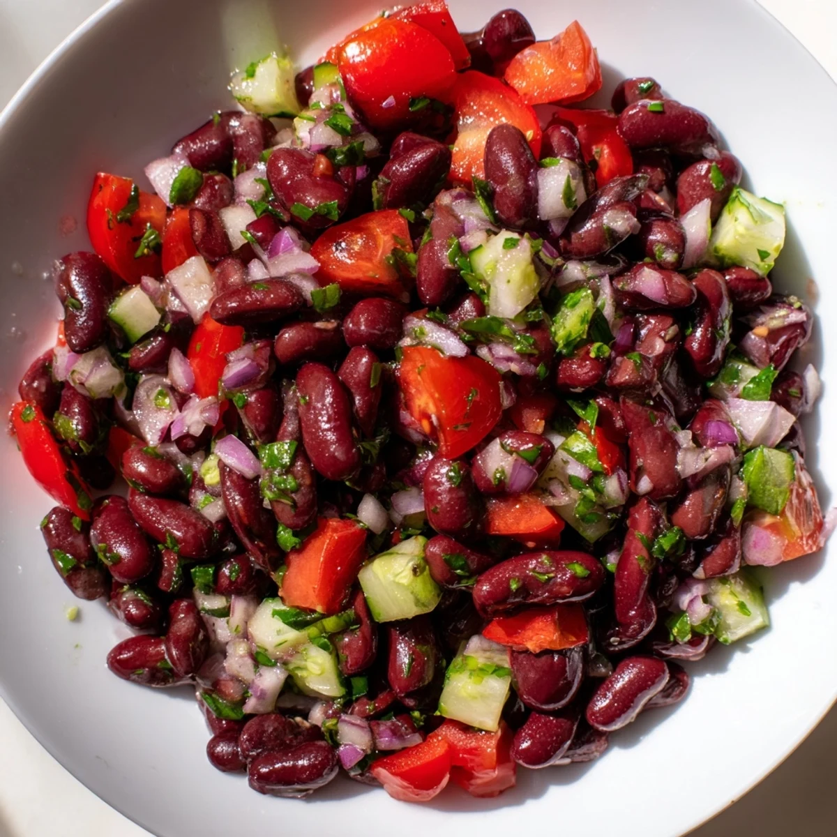 Hearty kidney bean salad served in a bowl with fresh parsley and zesty mustard dressing