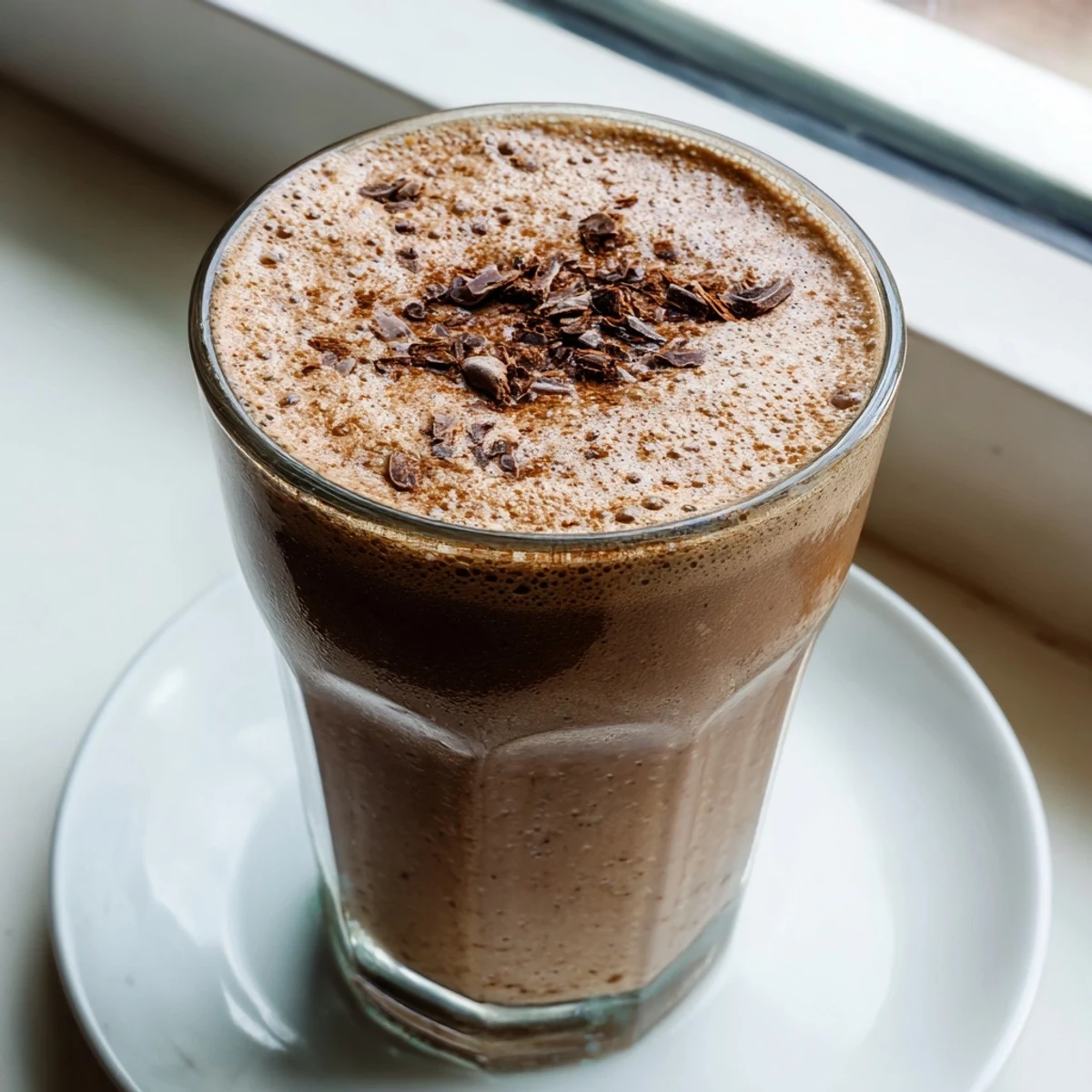 Creamy coffee smoothie topped with a dusting of cinnamon in a glass