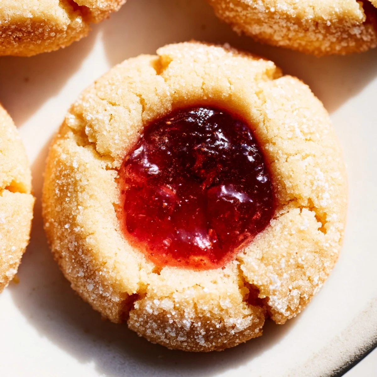 Golden Flower Jam Thumbprint Cookies with jewel-like centers on a rustic white plate