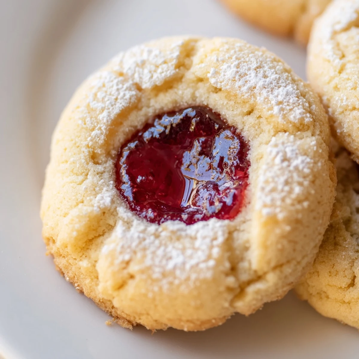 Buttery Flower Jam Thumbprint Cookies with vibrant floral filling dusted in powdered sugar