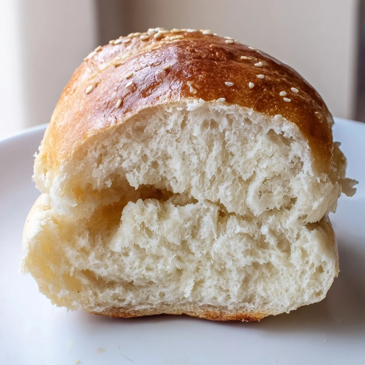 Golden sourdough discard hot dog buns fresh from the oven with sesame seed topping