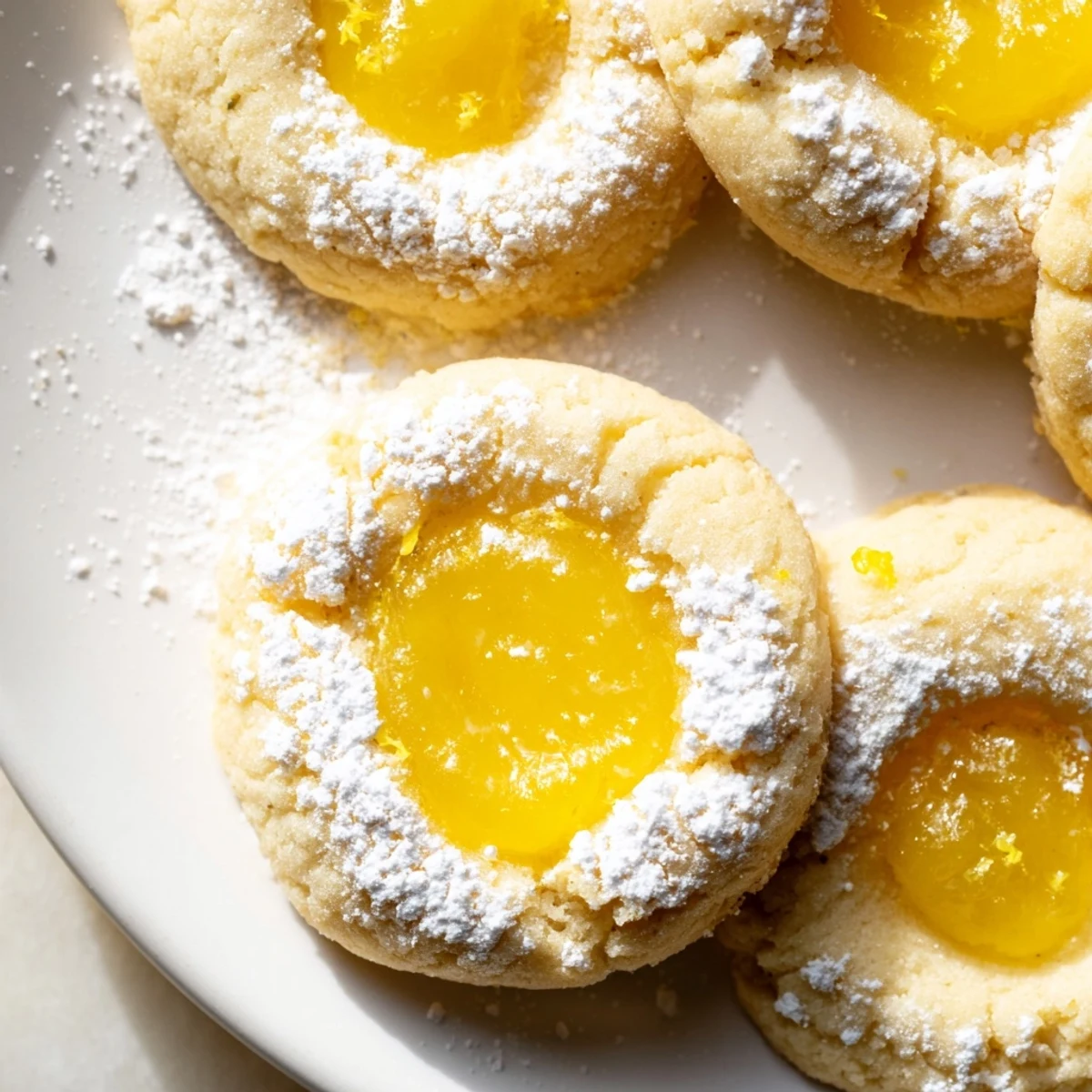 Golden lemon curd cookies with bright yellow filling on a rustic white baking sheet