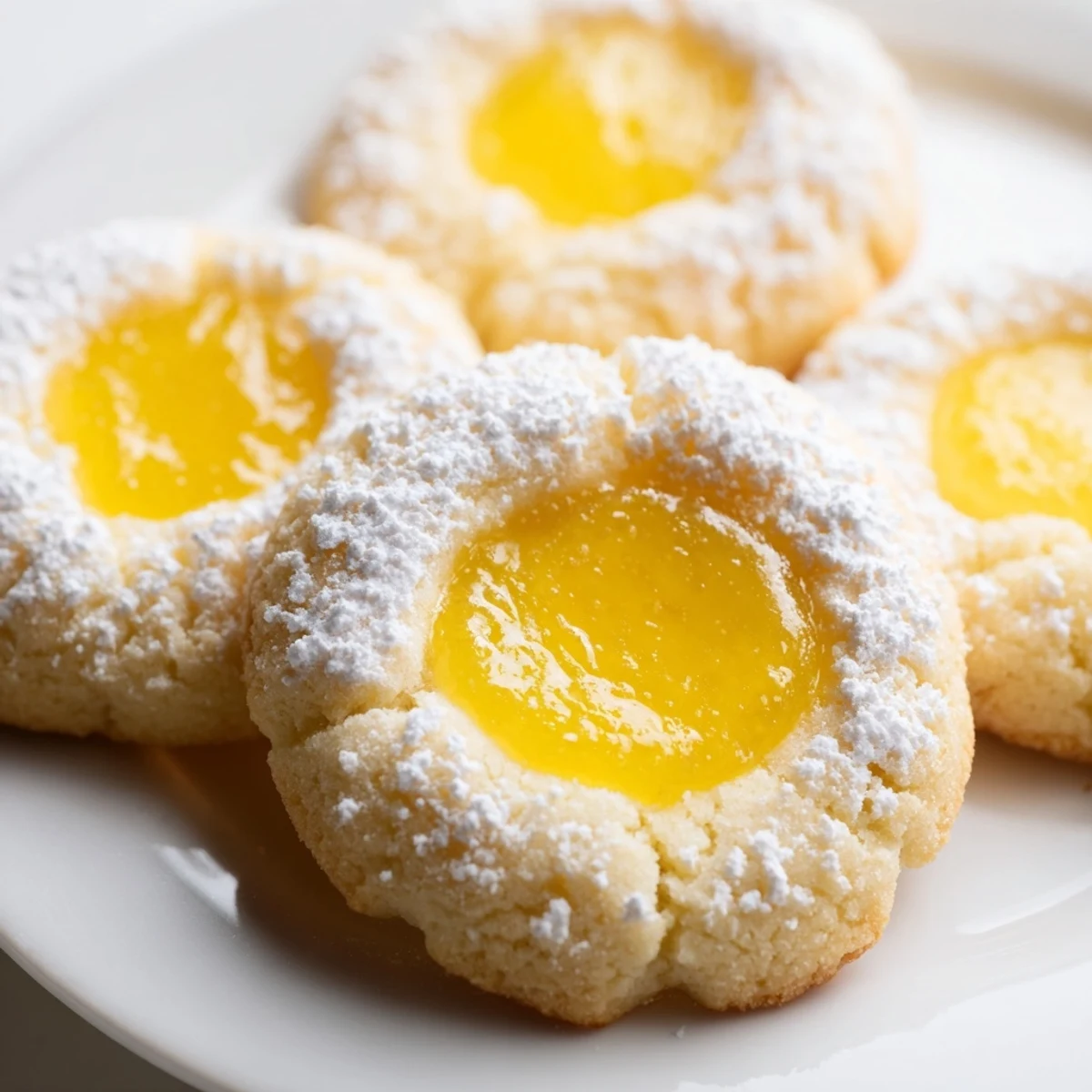 Buttery lemon curd cookies dusted with powdered sugar arranged on a cooling rack