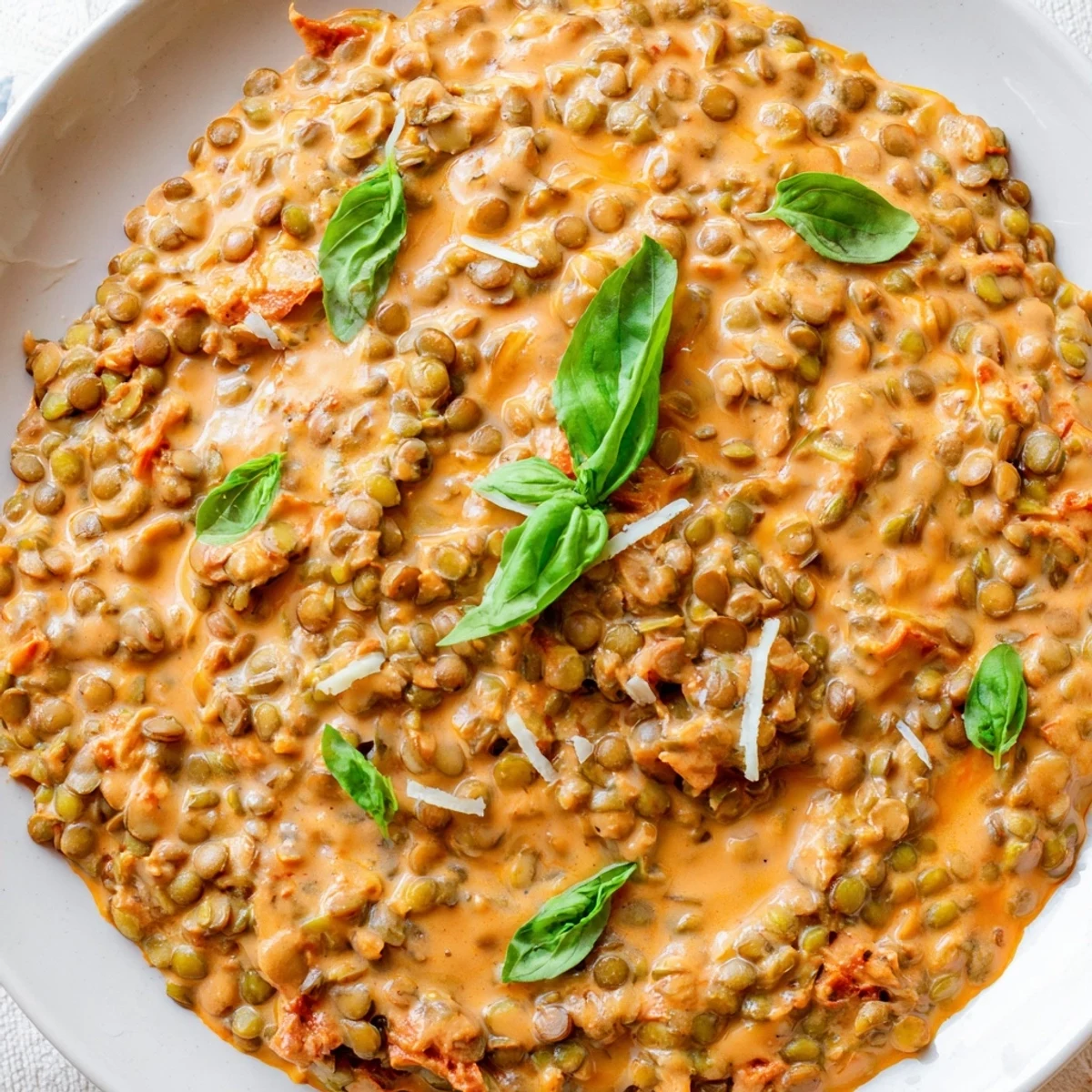 Creamy Marry Me Lentils in a rich, sun-dried tomato sauce topped with fresh basil garnish