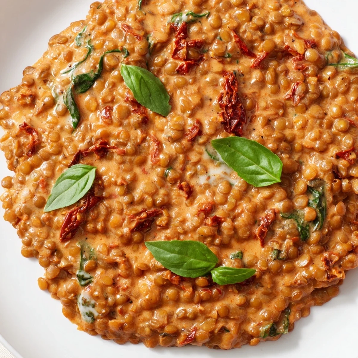 Golden brown lentils swimming in a velvety, herb-infused cream sauce with Parmesan cheese