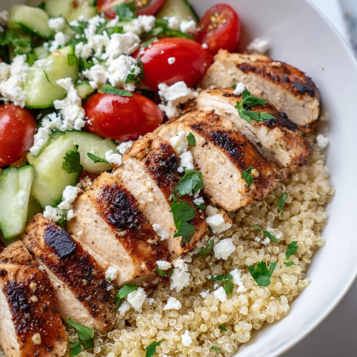 Golden grilled chicken crowns a fresh Mediterranean Chicken Quinoa Bowl with crisp vegetables