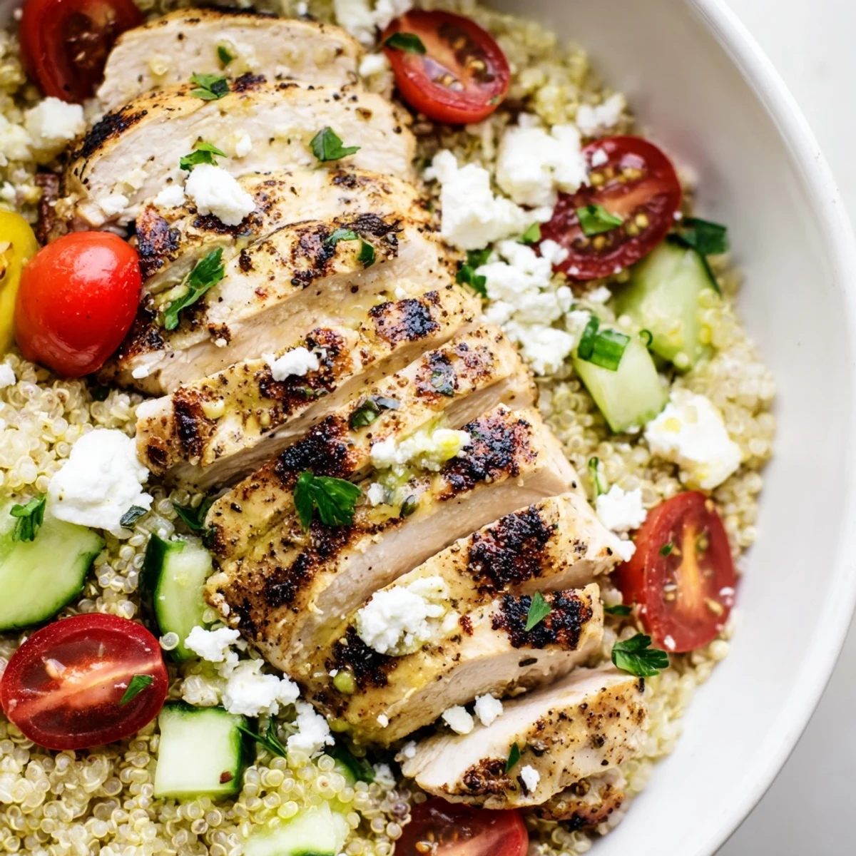 Colorful Mediterranean Chicken Quinoa Bowl featuring juicy sliced chicken fluffy grains and tangy feta
