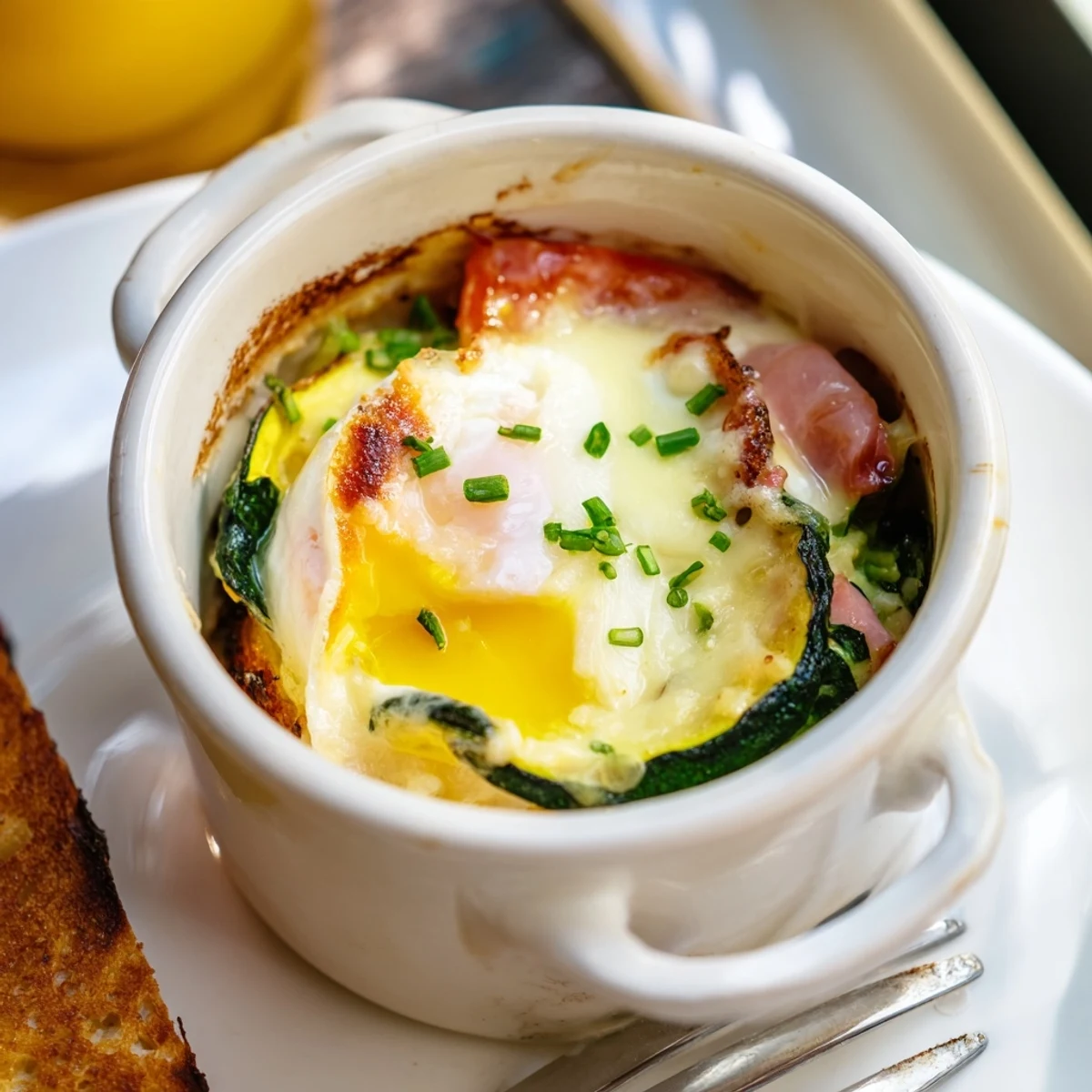 Golden baked eggs Napoleon with creamy cheese sauce in a white ramekin