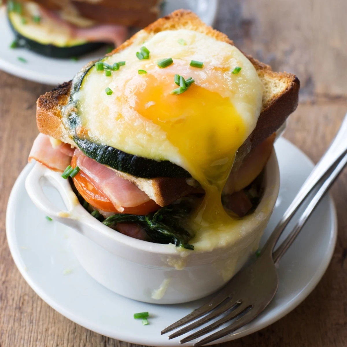 Layers of ham spinach and tomato under perfectly baked eggs Napoleon