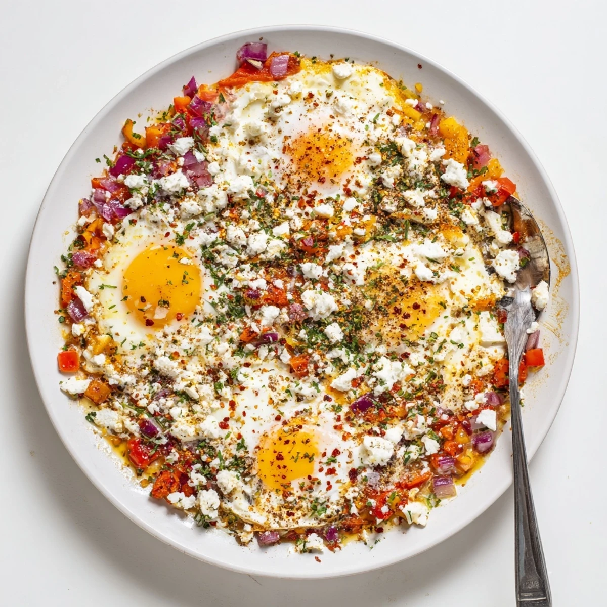 Golden baked feta eggs with runny yolks nestled in creamy cheese and roasted vegetables