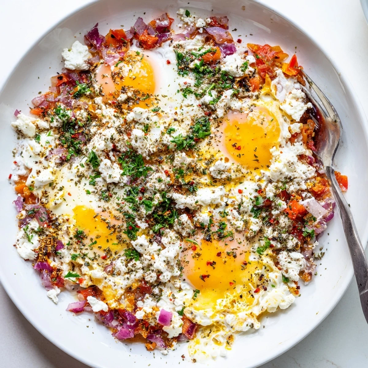 Creamy baked feta eggs topped with fresh herbs served in a cast iron skillet
