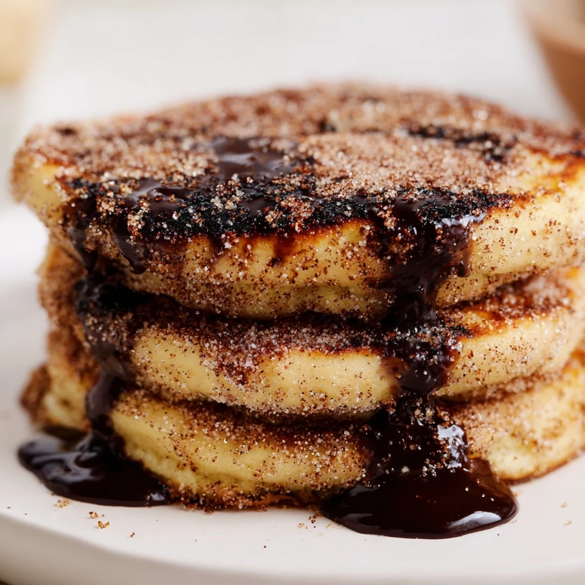 Golden Spanish Churro Pancakes stacked high with rich chocolate sauce drizzled on top