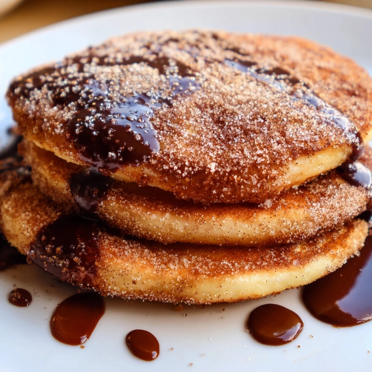 Fluffy Spanish Churro Pancakes dusted with cinnamon sugar and warm chocolate dipping sauce