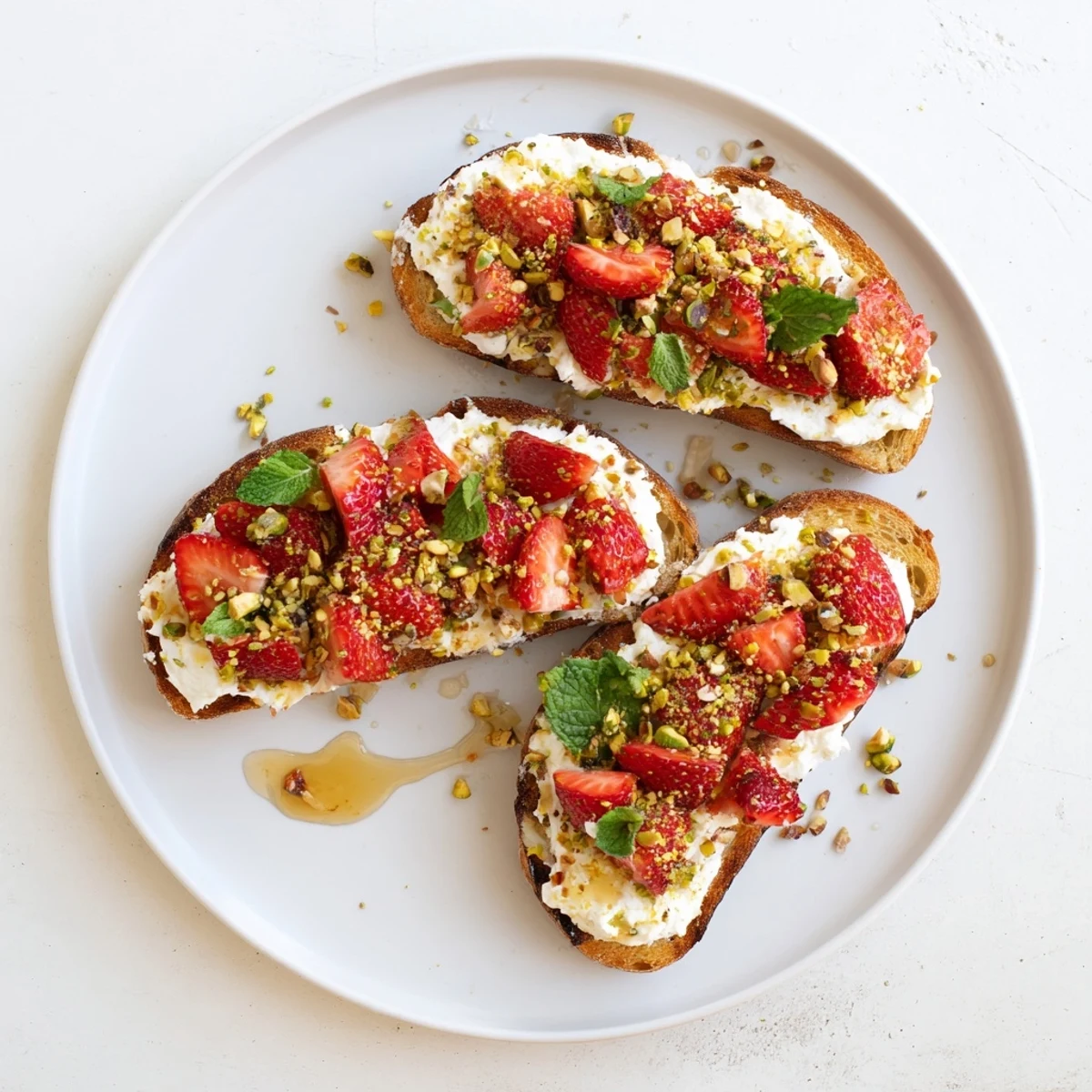 Creamy whipped ricotta topped with sweet roasted strawberries on golden sourdough toast