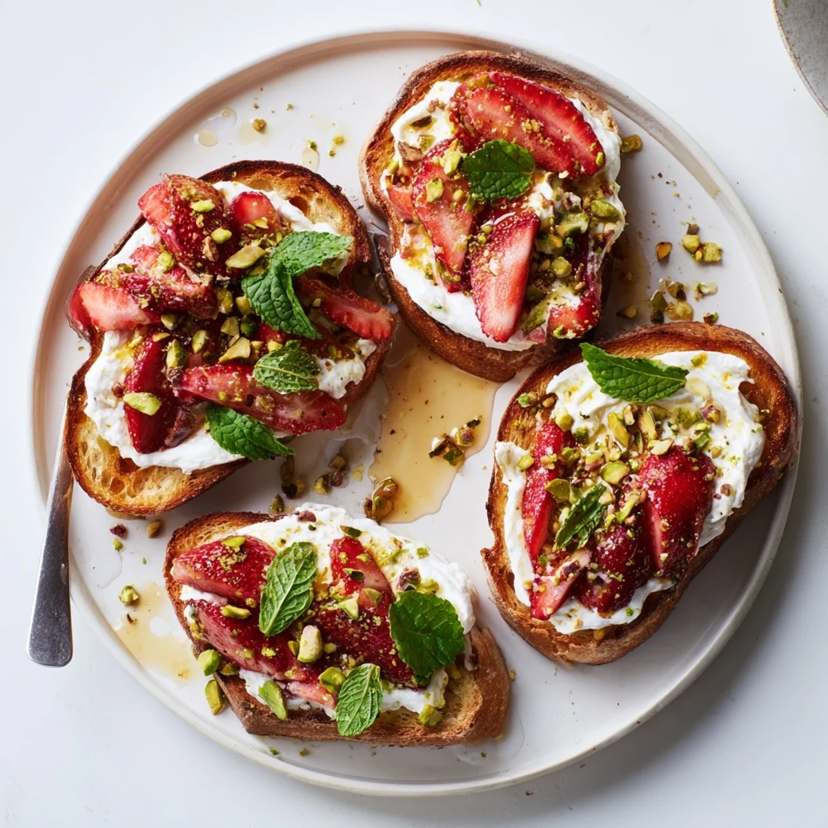 Roasted strawberry whipped ricotta toast with syrupy berries and fresh mint garnish