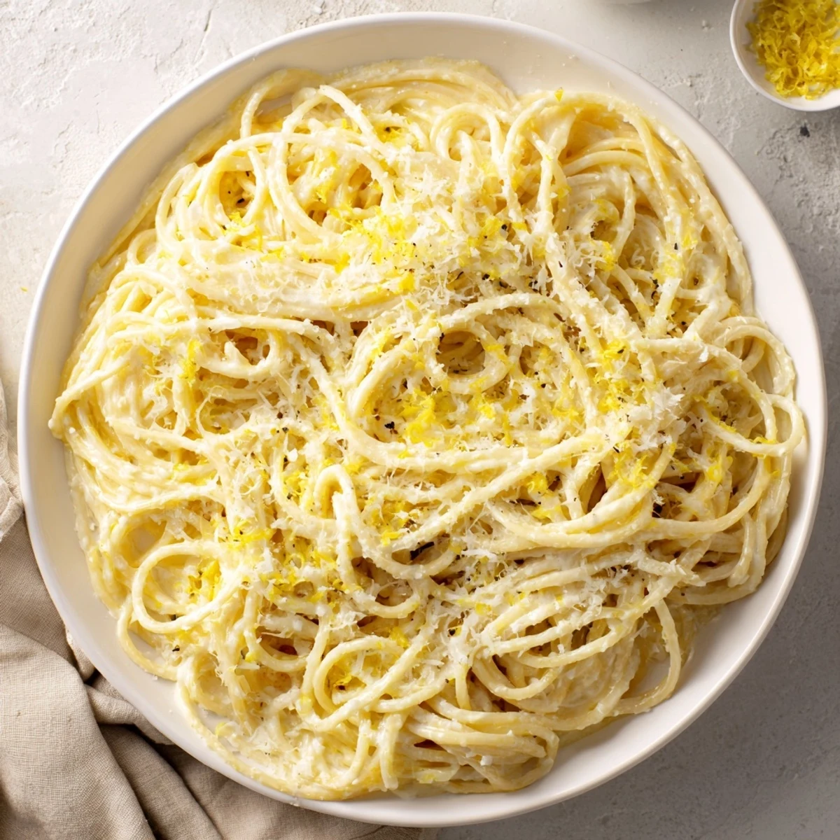 Golden buttery Parmesan lemon pasta in a white ceramic serving bowl