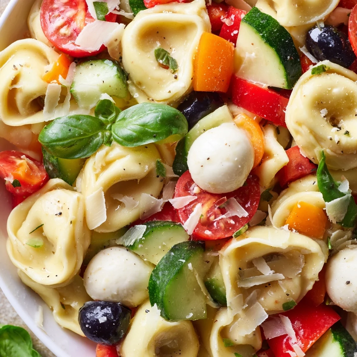Colorful tortellini salad loaded with cherry tomatoes, cucumbers, and mozzarella in zesty Italian dressing
