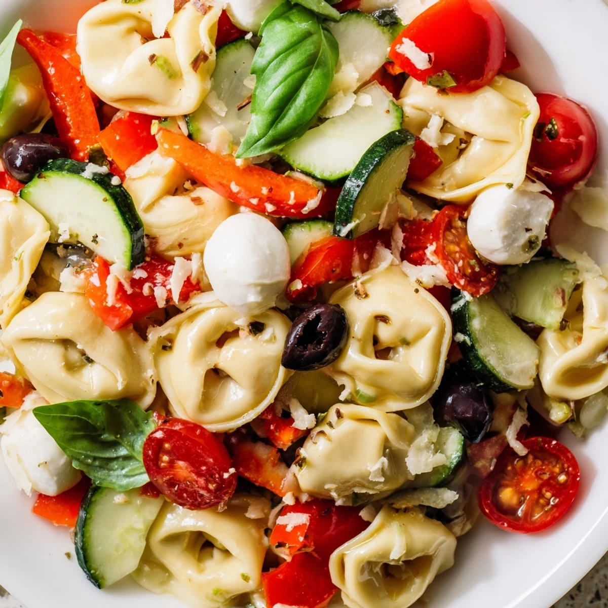 Creamy cheese tortellini salad tossed with crisp vegetables and fresh basil for picnics