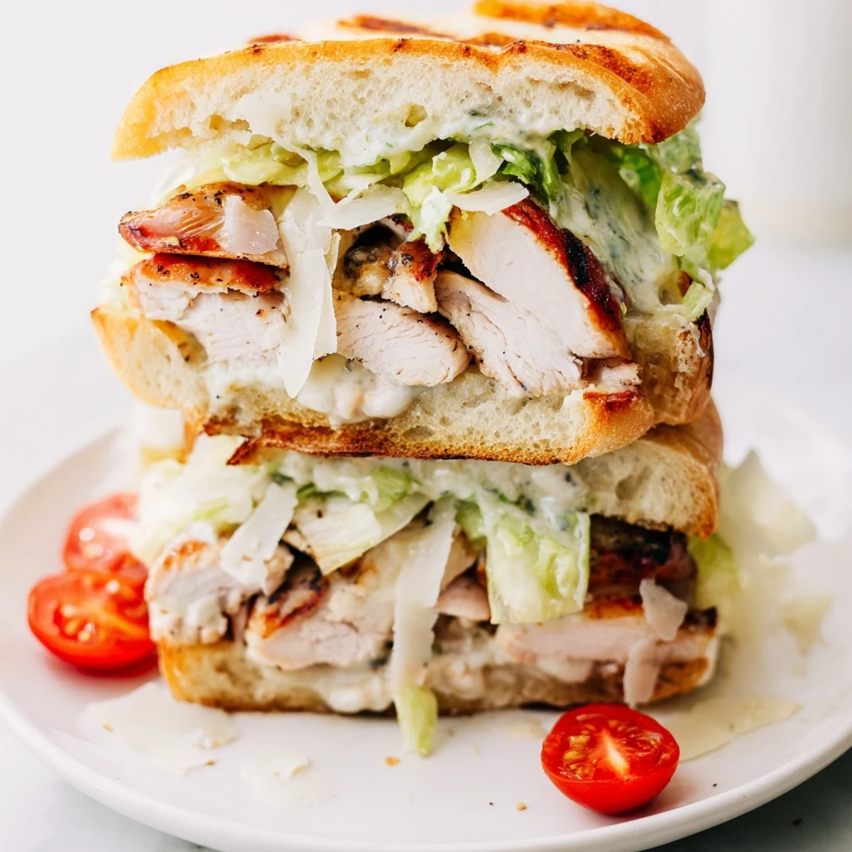 Juicy grilled chicken Caesar sandwich with crisp romaine and creamy dressing on golden toasted ciabatta