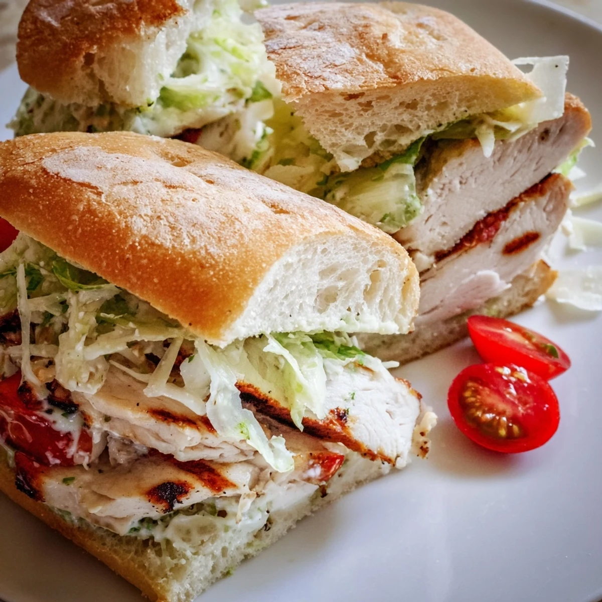 Toasted chicken Caesar sandwich layered with shaved Parmesan and fresh romaine lettuce on crusty bread