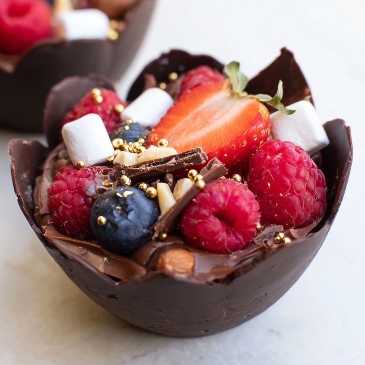 Chocolate grazing cups filled with fluffy mousse and topped with fresh berries and nuts