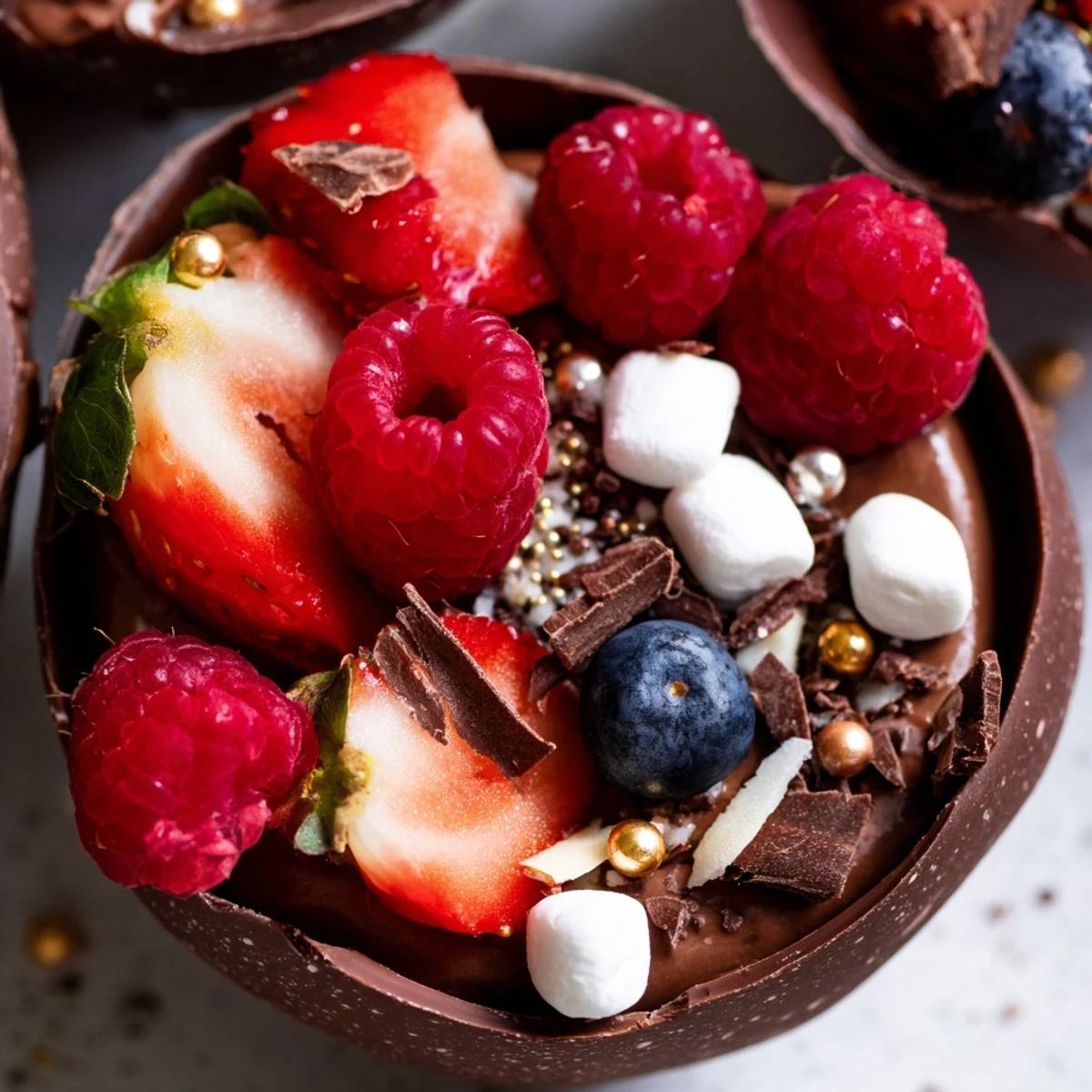 Dark chocolate grazing cups with creamy mousse, jewel-toned berries, and crunchy golden toppings