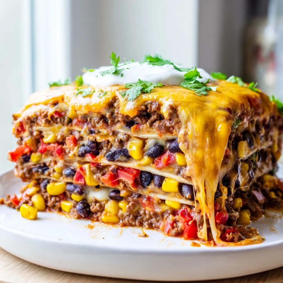 Golden melted cheese tops this layered Mexican lasagna with seasoned beef and beans bubbling in a baking dish