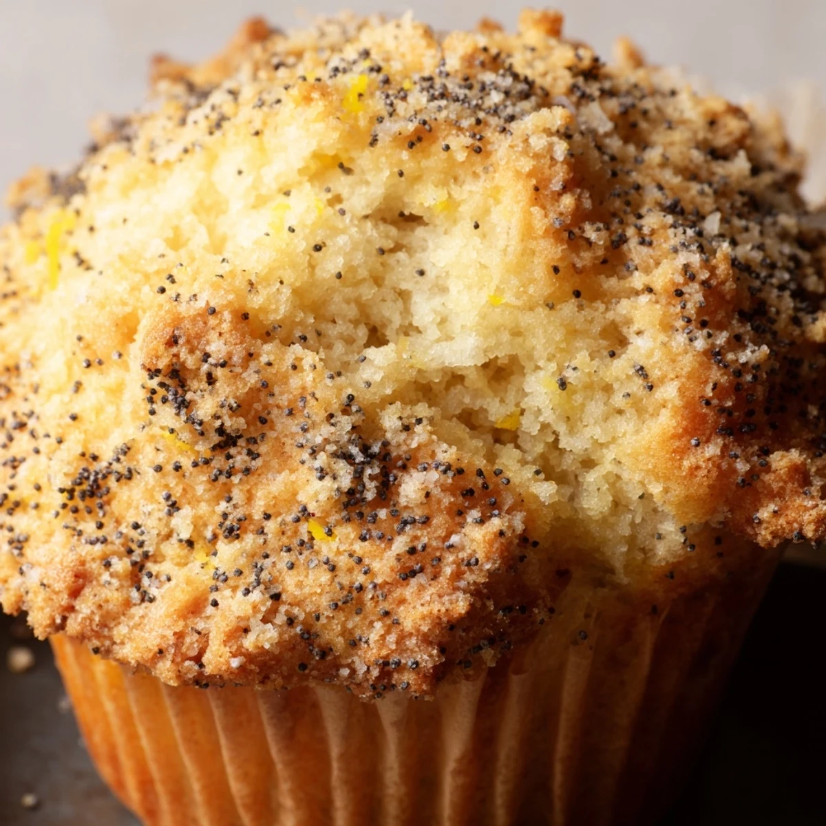 Golden lemon poppy seed muffins with domed tops fresh from the oven on a wire cooling rack