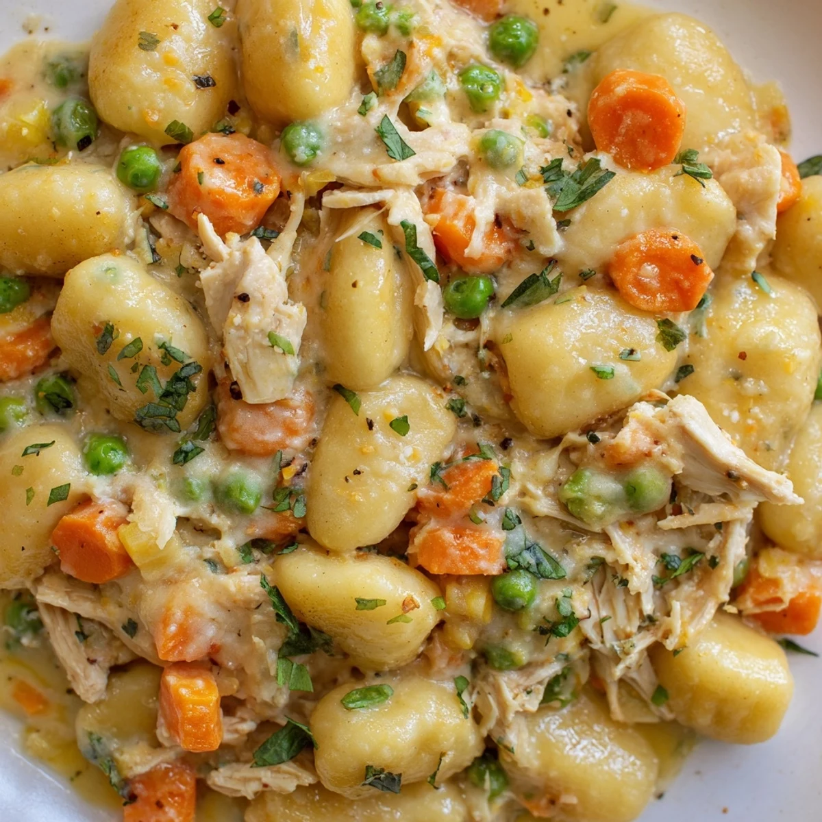 Creamy one pot gnocchi chicken pot pie with tender vegetables in rustic cast iron skillet