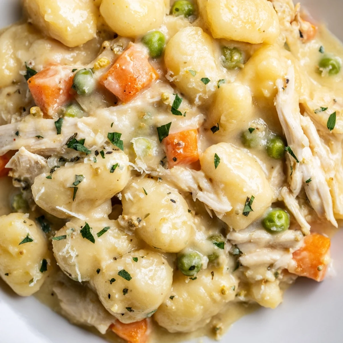 Golden one pot gnocchi chicken pot pie bubbling with rich sauce and fresh herbs