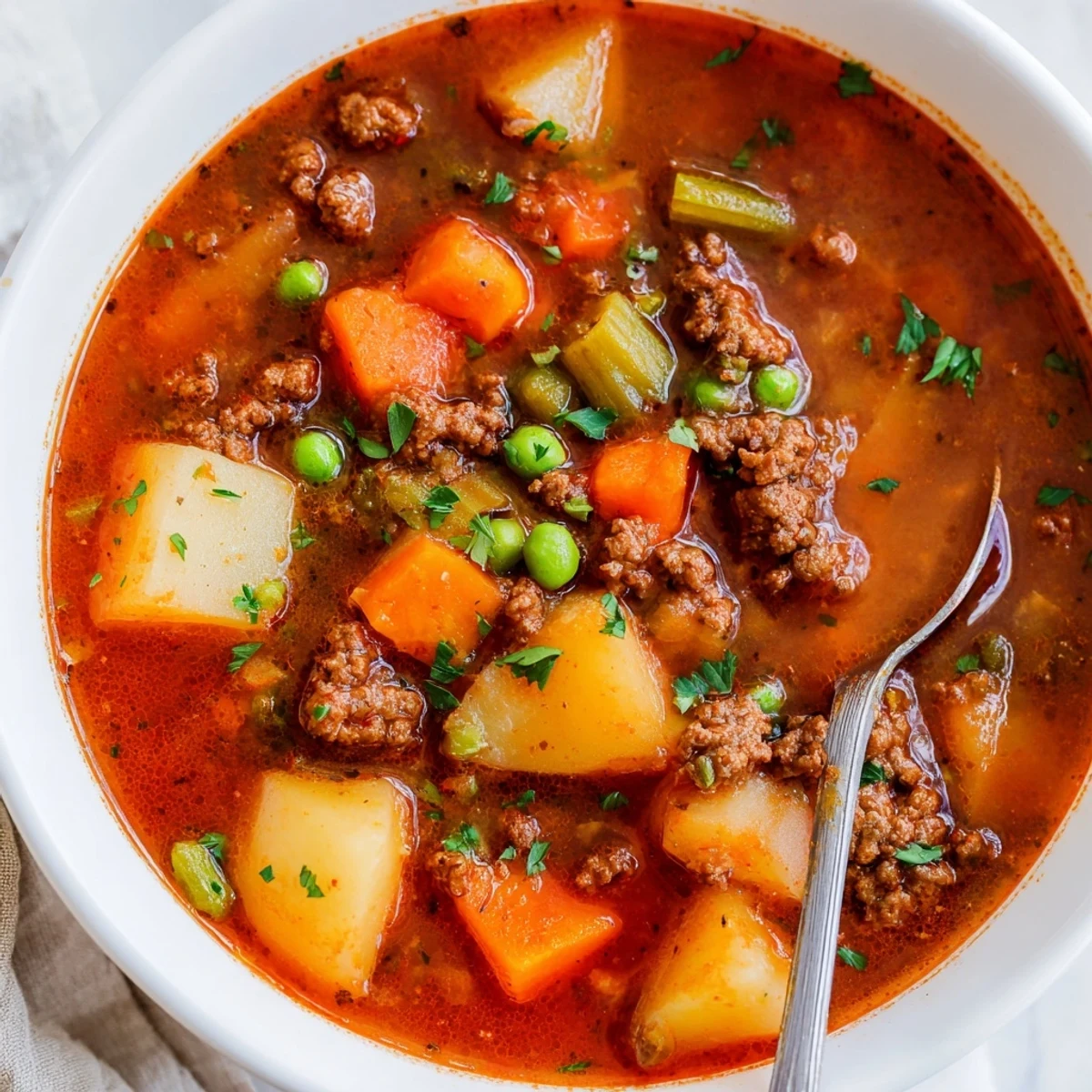 Steaming bowl of homemade ground beef and potato soup garnished with fresh parsley