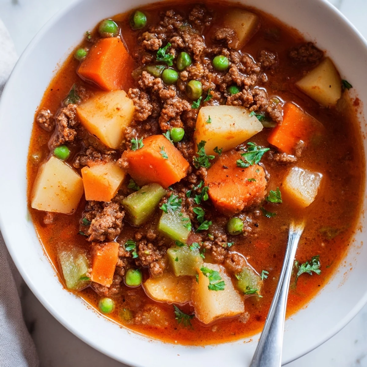 Hearty ground beef and potato soup with tender vegetables in rich broth